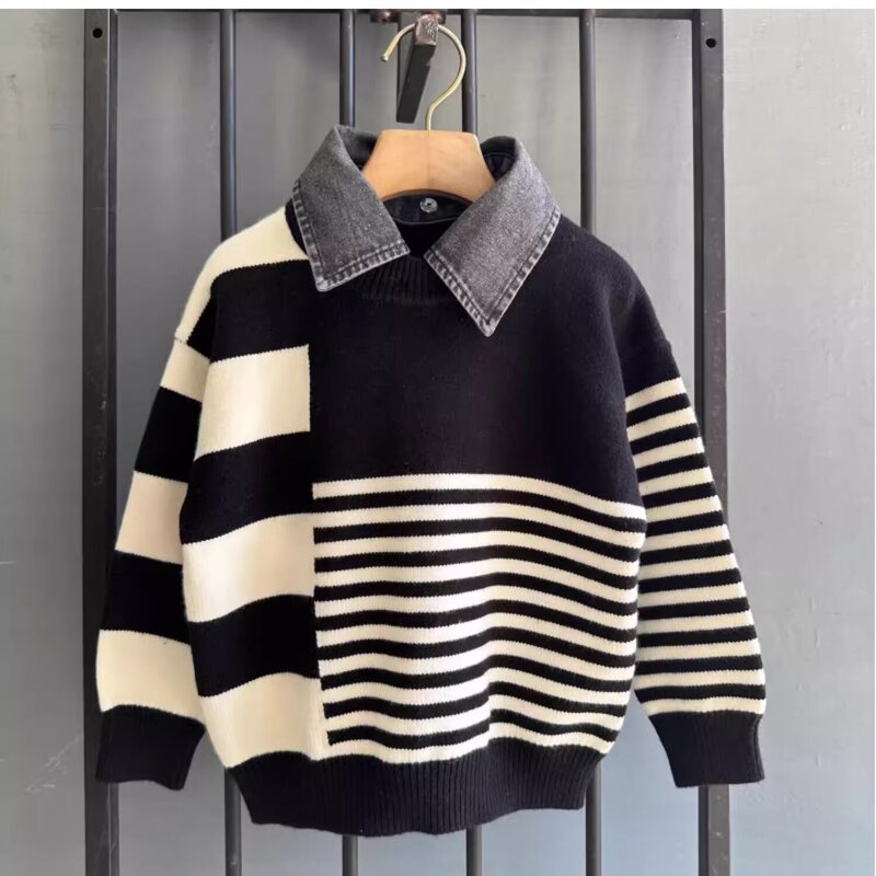Trendy Children's Clothing 2026 Autumn and Winter Boys' Sweater Denim Shirt Fake Two-Piece Knitwear Thickened Knit Sweater for Older Children