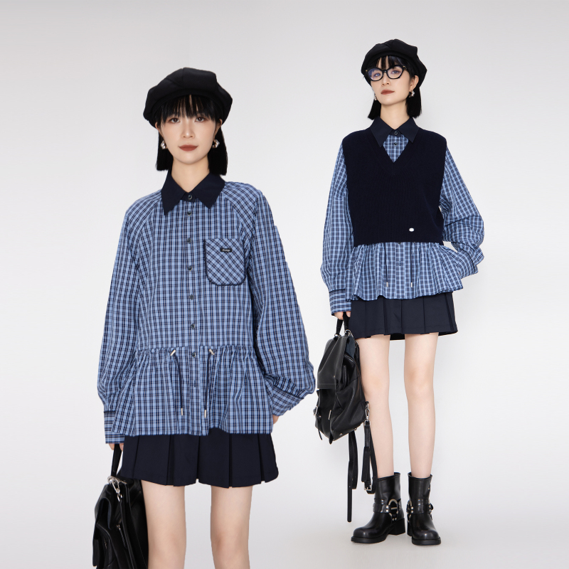 Shu Rui Miu Style Top, Long-Sleeved Shirt for Women, Autumn Plaid, Loose Fit, Lapel, Niche Design, Drawstring Shu Rui Miu Style Top, Long-Sleeved Shirt for Women, Autumn Plaid, Loose Fit, Lapel, Niche Design, Drawstring