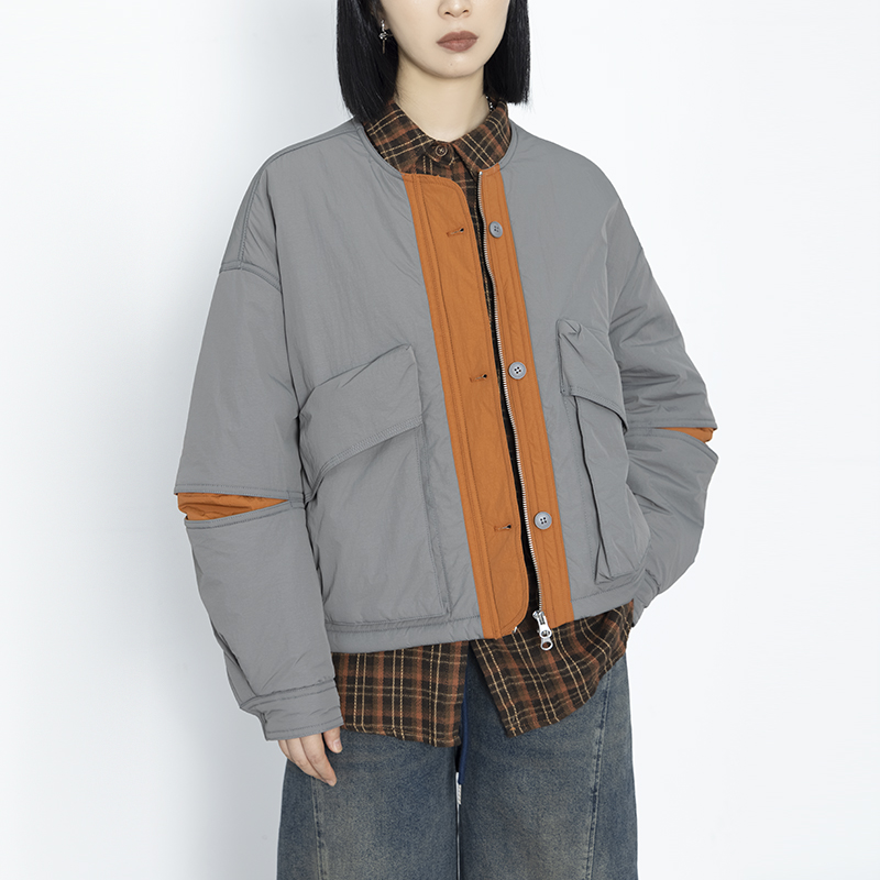 书芮2024冬季新款撞色拼接短款棉服外套女宽松休闲保暖夹克上衣
