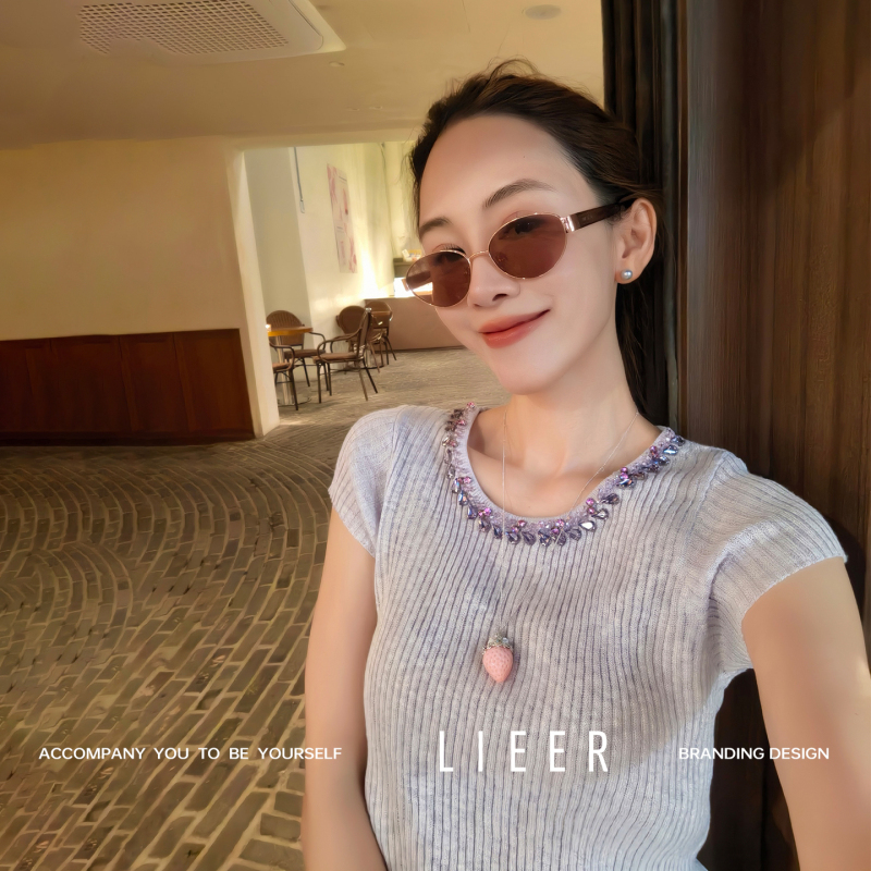 Lieer「Purple Sister Imitation Linen T」Rhinestone Imitation Linen Gradient Purple Qi Dong Lai Knitted Waist-Tightening T-Shirt