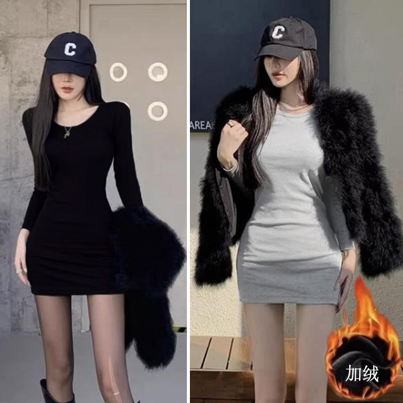 Spring and Autumn Slim Dress Velvet Bottoming Skirt Mid-Length Stepmother Hip Covering T-Shirt Skirt with Women's Long Sleeve Bottoming Shirt