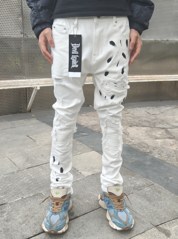 Devilleader American-Style Washed Distressed Slim-Fit Fake Ripped White Jeans Men's Trendy Brand Splatter Denim Pants
