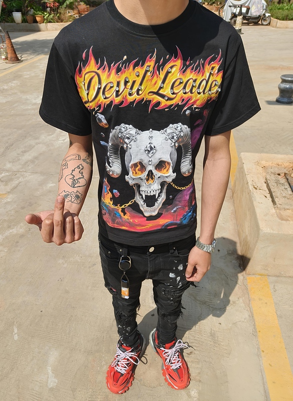 Devilleader American Street Style Printed Rhinestone Short-Sleeve T-Shirt, Loose Fit, High-Quality Design