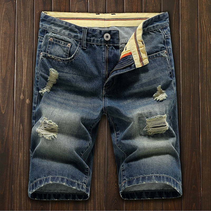 Trang web chính thức Han Kuaiyu Quần short denim nam Quần nửa nam mùa xuân hè 2020 Quần jean nam rách nam mặc - Quần jean