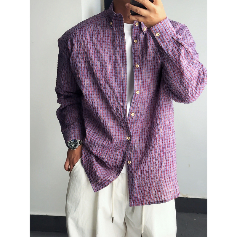 Lu Xingjia [Bubble Color Grid] Cotton Shirt Early Autumn Relaxed and Lazy Men's Casual High-End Couple Shirt C505