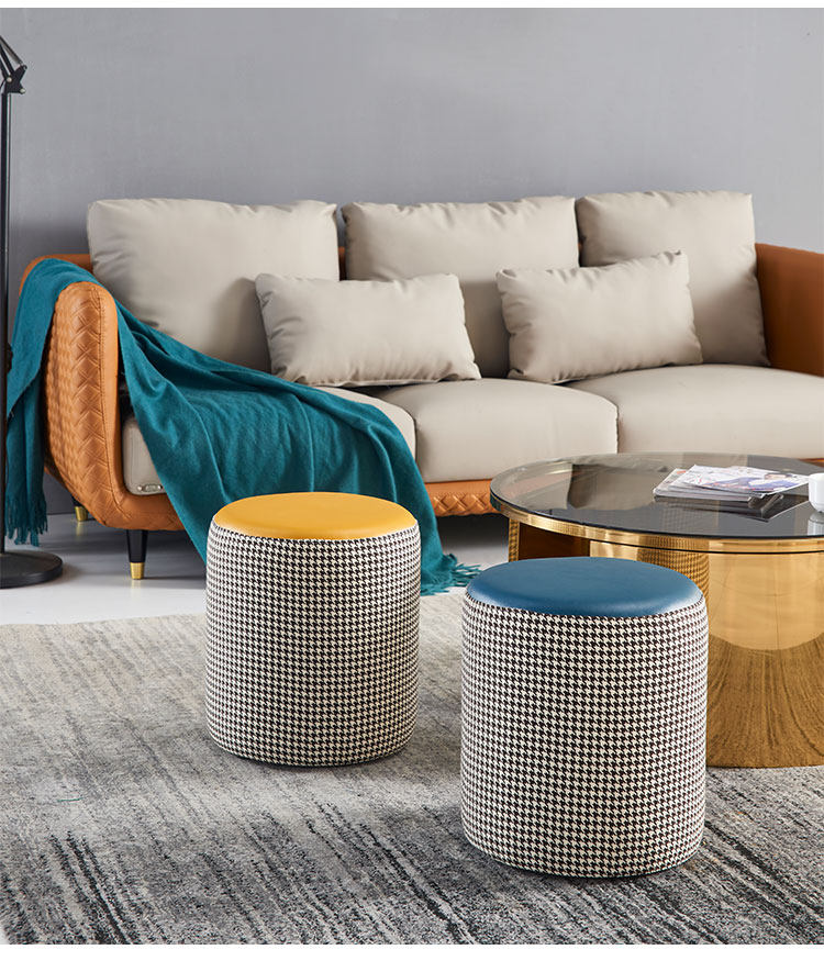 Simple leather stool round stool leather pier sofa stool shoe change home living room Nordic light luxury tea table stool small low stool