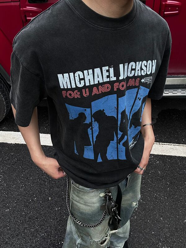 Tsaooj Michael Jackson Character Slogan Washed Short-Sleeve Cleanfit Vintage Vtg Half-Sleeve T-Shirt