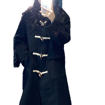 Japanese hooded black horn button coat for women in winter small mid-length loose Korean style over-the-knee woolen coat