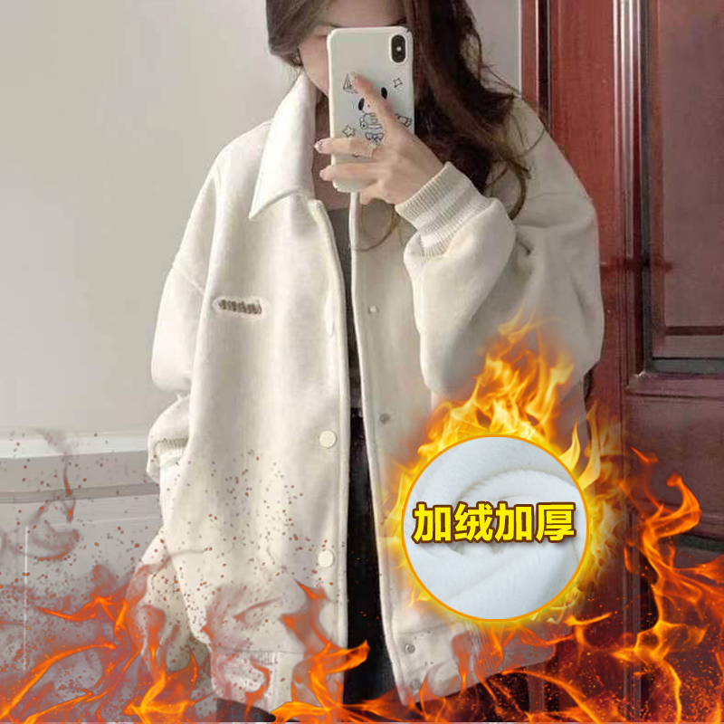 Casual Loose-Fitting Student Early Autumn Woolen Jacket for Women, American-Style Sweatshirt with Fleece, Baseball Jacket, Spring and Autumn Outerwear