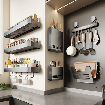 Suction Cup Kitchen Storage Rack, Wall-Mounted, No-Drill, Multifunctional Knife Holder, Pot Lid Rack, Spice Organizer, Household Storage Rack