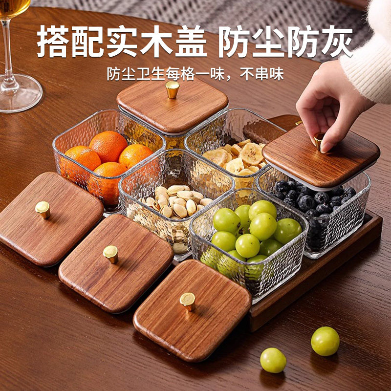Creative Walnut Wood Fruit Plate Snack Plate Household Divided Fruit Plate Dessert Candy Glass Bowl Fruit Plate Fruit Tray