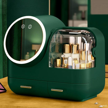 Cosmetic Storage Box with Mirror Integrated Dustproof Large Capacity Box Desktop Dressing Table Lipstick Skin Care Product Storage Shelf