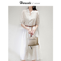 2022 French style summer new small upright collar Heavy work solid petal embroidered white temperamental dress with dress delivery belt