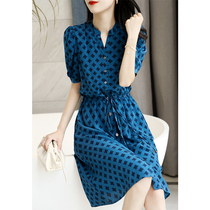 HARSIDE French heavy silk with connotation printing waist thin sauna silk short sleeve dress female summer