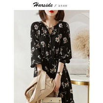 HARSIDE French floral dress women early spring 2021 New V collar slim waist long sleeve Medium-length dress