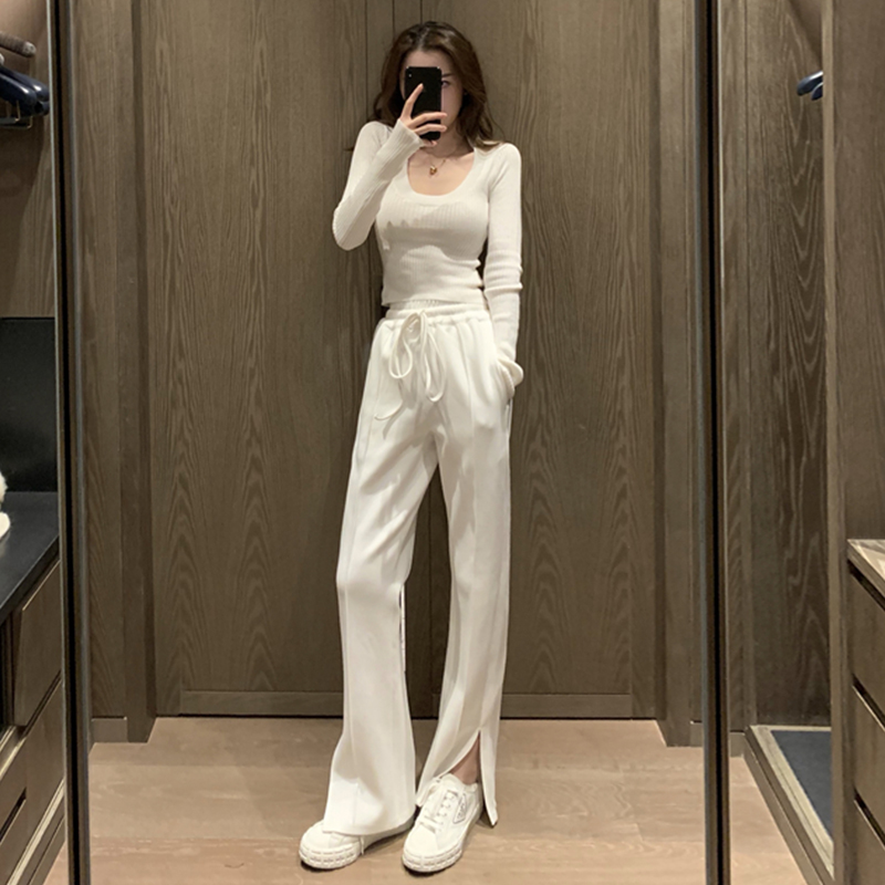 2022 - Early autumn side with cross legged pants high waist vertical pants loose small, casual white pants