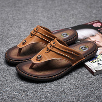 Men Slippers Summer Clip herringbone towed leather anti-slip waterproof deodorant beach shoe sandals Bull Leather Outwear