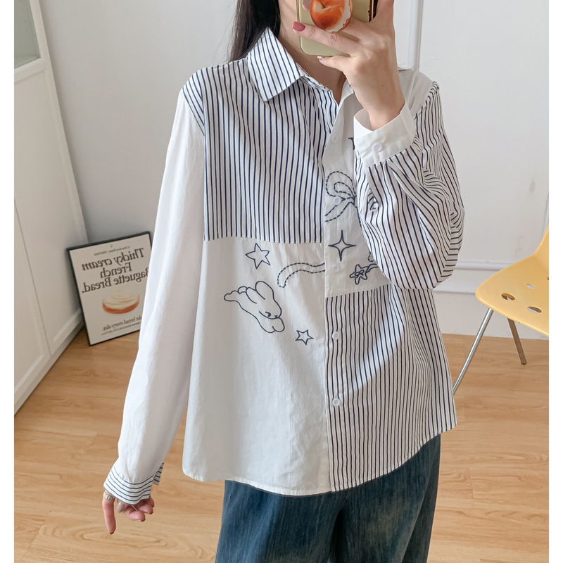 Academy-Style Striped Patchwork Bowknot Rabbit Embroidery Long-Sleeve Irregular Shirt Sun-Protective Thin Jacket Top