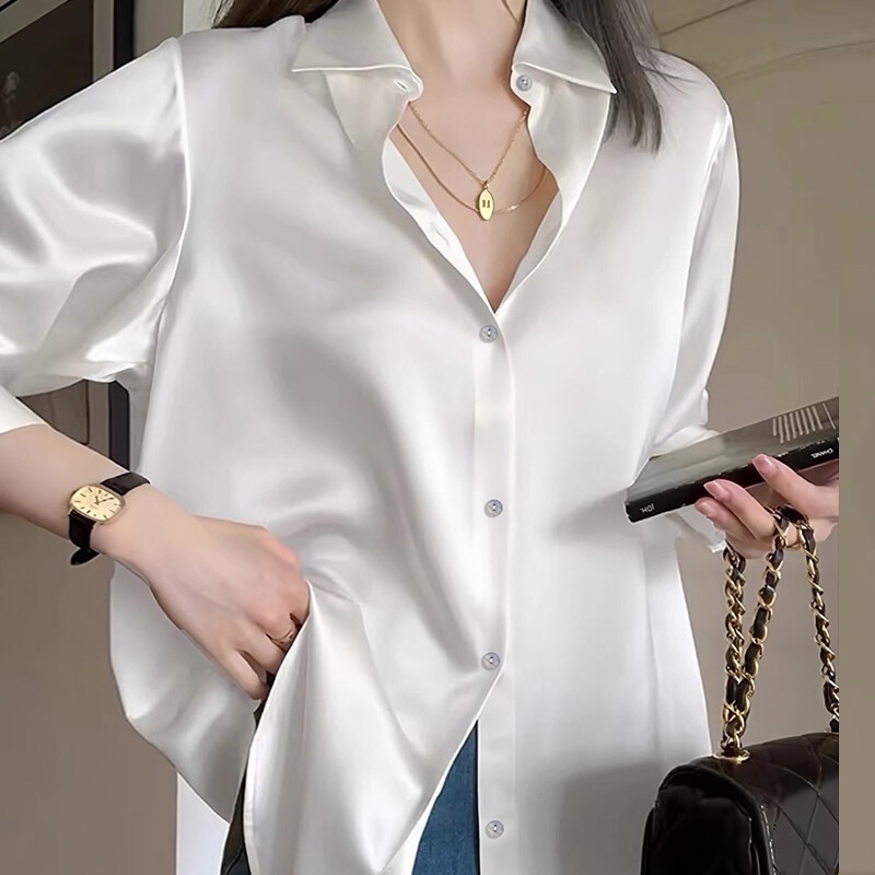 French-Style Light Luxury Satin White Shirt for Women, Spring and Summer Mid-Length, Sexy Loose Fit, Slimming, Sun-Protective, Versatile Top
