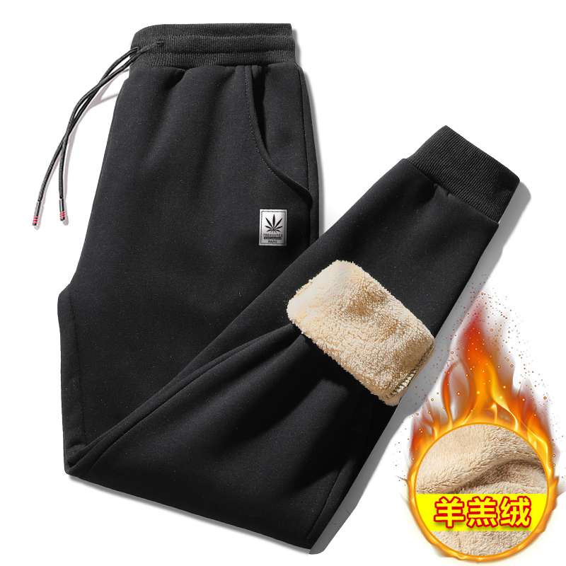 大码冬季运动裤男士加绒加厚收口保暖羊羔绒卫裤休闲直筒长裤子男