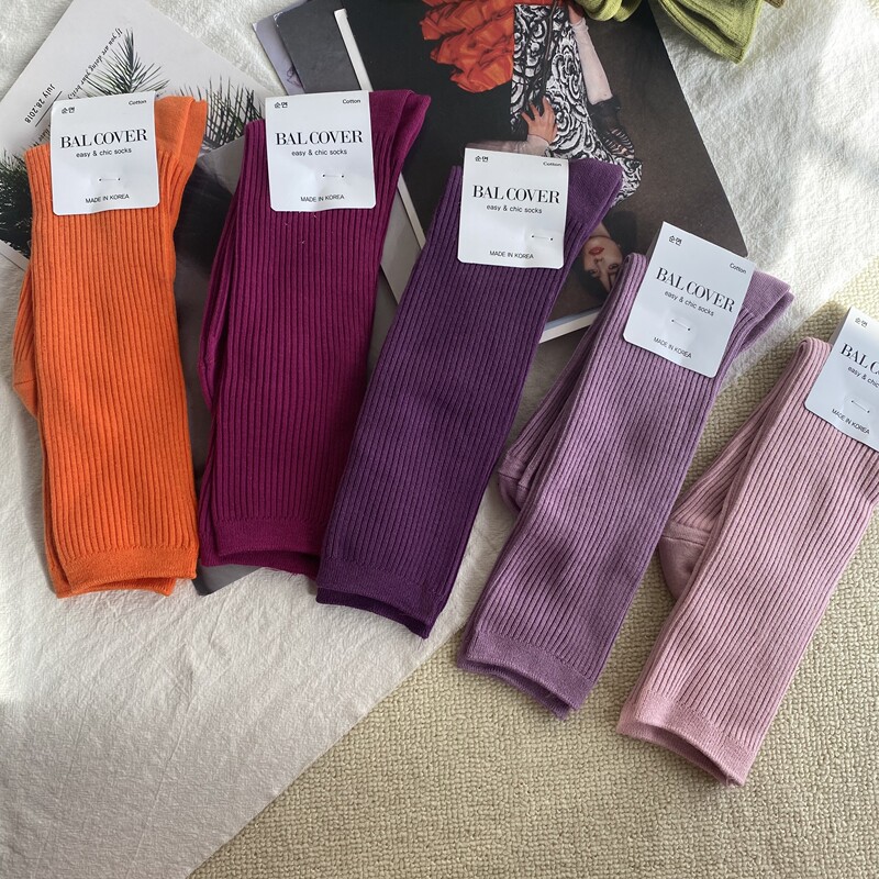 Long Socks in Purple-Red, Purple, Imported from Korea, Solid Color Slouch Socks with Vertical Stripes, Pink and Orange Mid-Calf Women's Socks