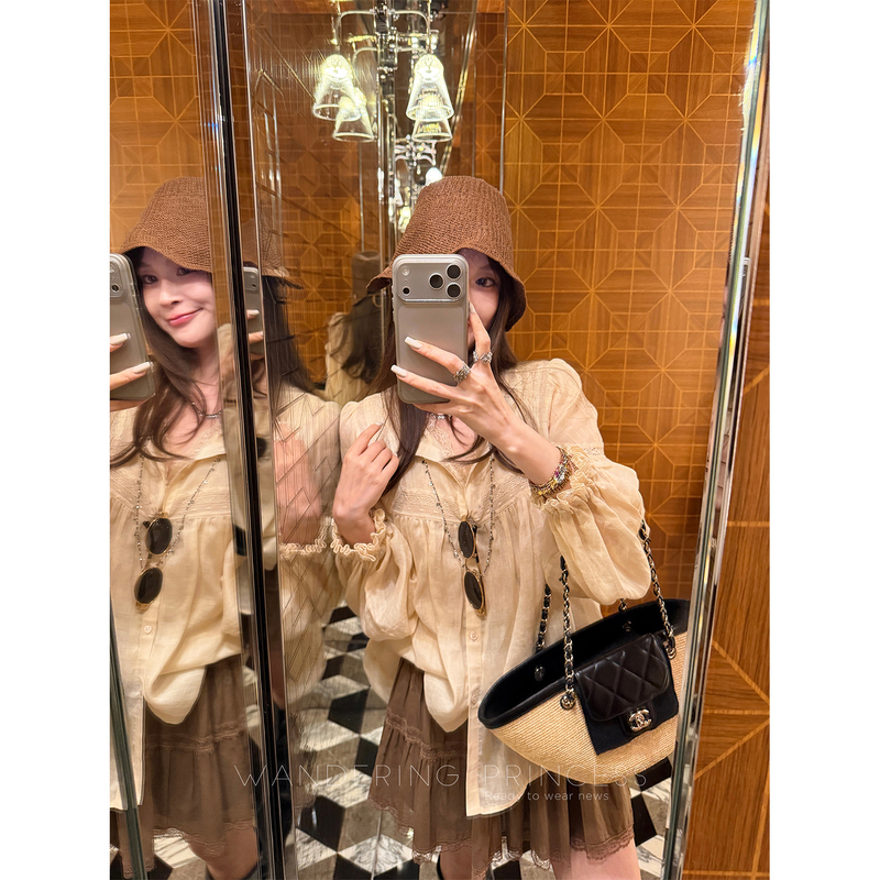 Qian Meixi 100% Ramie Heavy Pleated Lace Patchwork Sun Protection Long Sleeve Shirt Casual Court Style Top for Women
