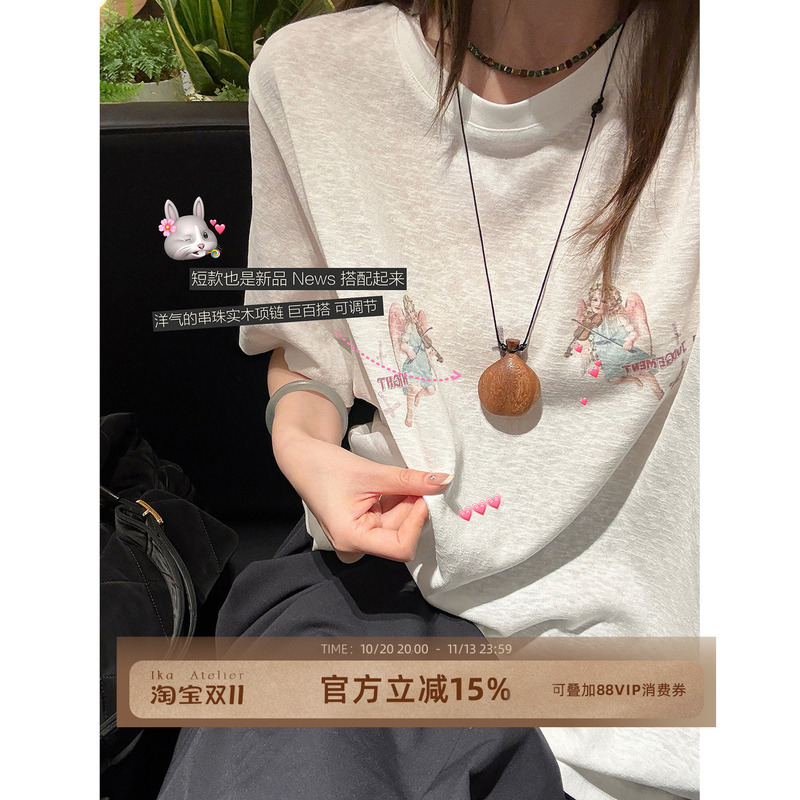 Qian Meixi Air Cotton Sunshade Top Summer Original Angel Print Design Round Neck Long/Short Sleeve T-Shirt for Women