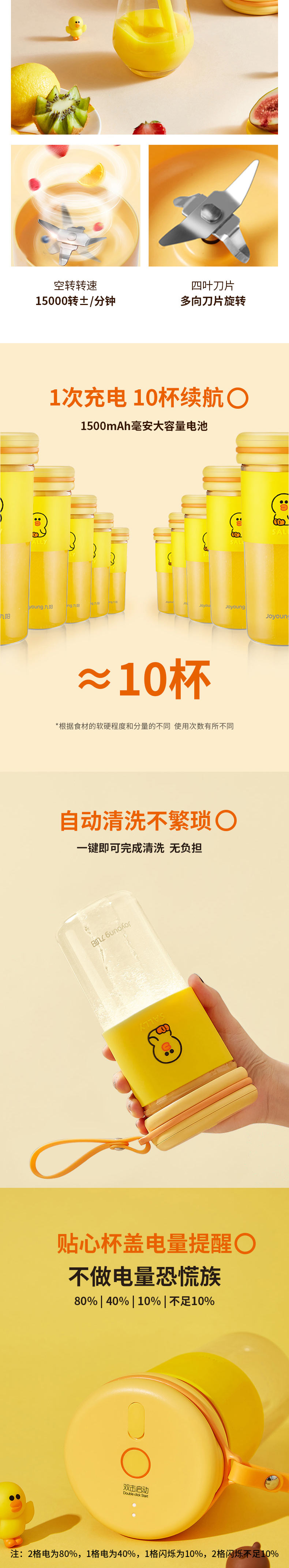 九阳 LINE联名款 多功能迷你榨汁杯 300ml 满电可榨10杯 图4
