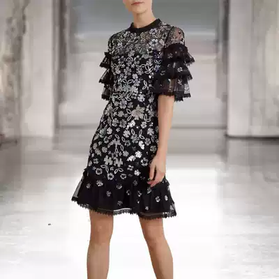 sandro sfpro European station star spring and summer round neck flared sleeve heavy industry mesh mid-length dress