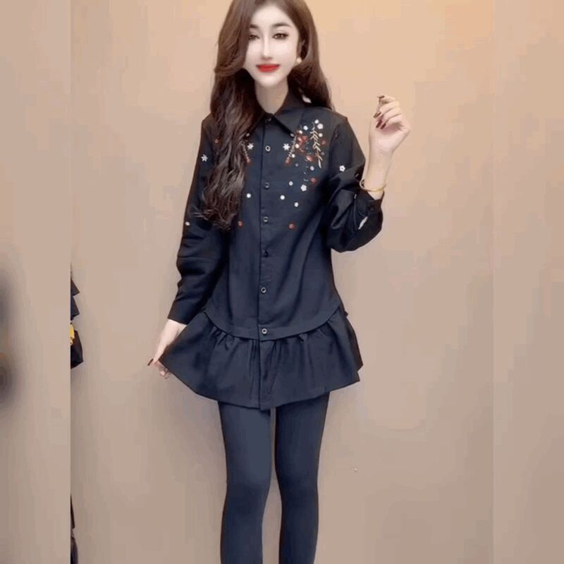 Floral Mid-Length French Polo Collar Black Top Shirt Trendy Elegant Design Ruffled Embroidered Shirt for Women