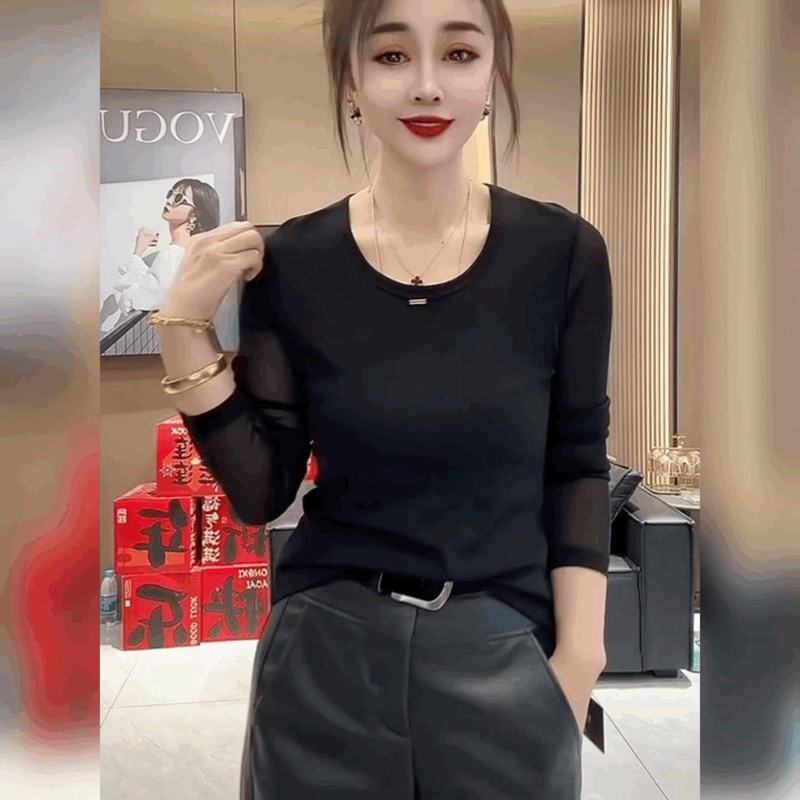 Double-Layer Lace Mesh Base Shirt with a Slim Fit Design, Long-Sleeve T-Shirt, Round Neck, Slimming Top, French-Style Black Blouse
