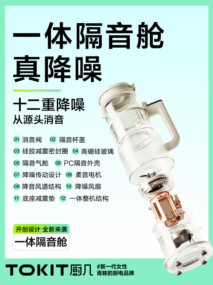 Tokit Kitchen Silent Blender for Home Use, Small Fully Automatic 1-3 Person Double-Layer Soundproof Integrated Cabin Soy Milk Maker