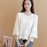 Horn tay knitsweater rỗng netshirt bảy điểm mùa xuân Hàn Quốc lỏng phụ nữ tay áo móc áo len và mùa hè ngắn mỏng