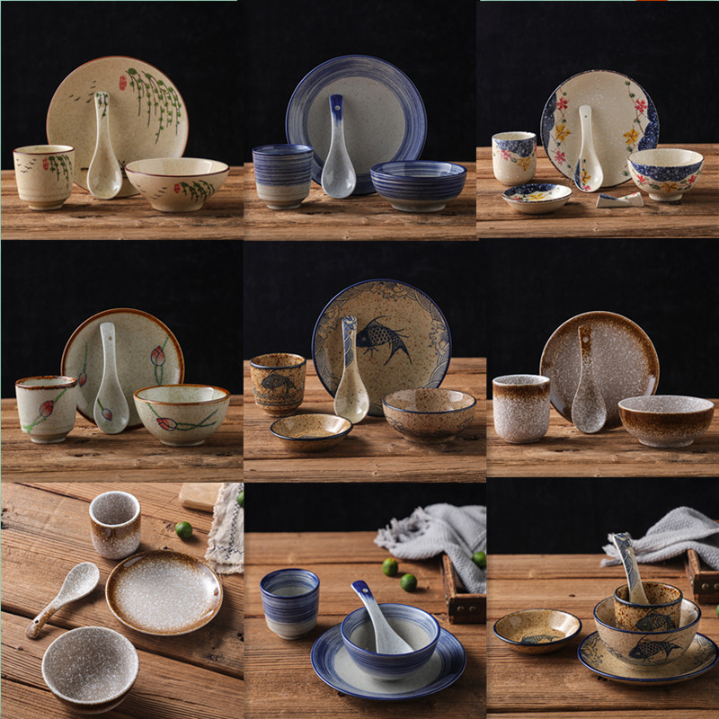 Ceramic Antique-Style Tableware Set of Four Pieces: Bowls, Plates, Cups, and Spoons, Hotel Porcelain, Restaurant, Food Stall Set, Tableware for Home Use