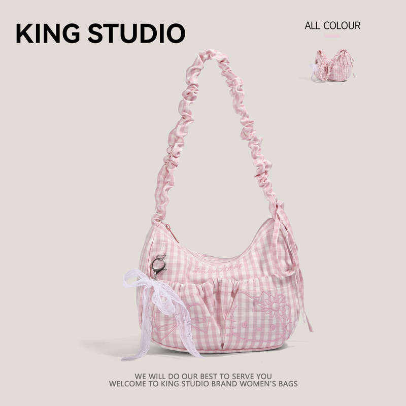 Japanese-Style Pink Plaid Dumpling Bag for Women 2026 New Bow Drawstring Pleated Shoulder Bag Handbag Underarm Bag