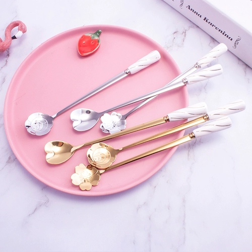 Милая керамическая ложка из нержавеющей стали для мороженого, кофейная золотая палочка для смешивания, в цветочек