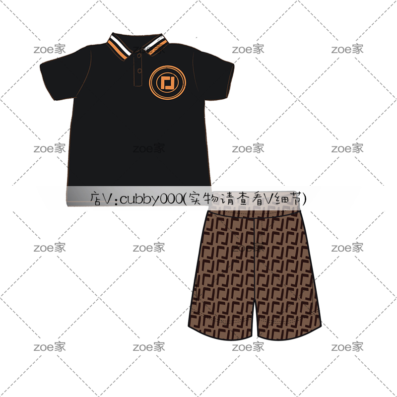 Spot European and American children's clothing summer family parent-child wear POLO lapel small round logo Zhang Zi + FF full printed shorts