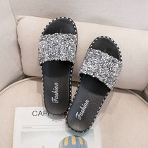 Lai Benmu wooden slippers womens summer wear fashion outside 2019 new Korean sequined cool drag thick-soled outdoor beach shoes