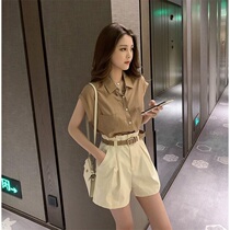 Light cooked wind suit womens summer 2021 new style waistcoat shirt top casual shorts fashion two-piece set