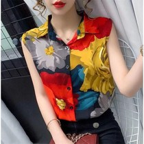 (Cover meat thin) 2021 summer new Korean version of the wild slim slim sleeveless shirt printed chiffon shirt