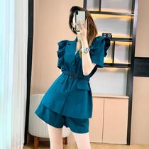 Fashion age-reduction mosaic lotus leaf blazer womens 2021 summer new Korean shorts top two-piece womens tide