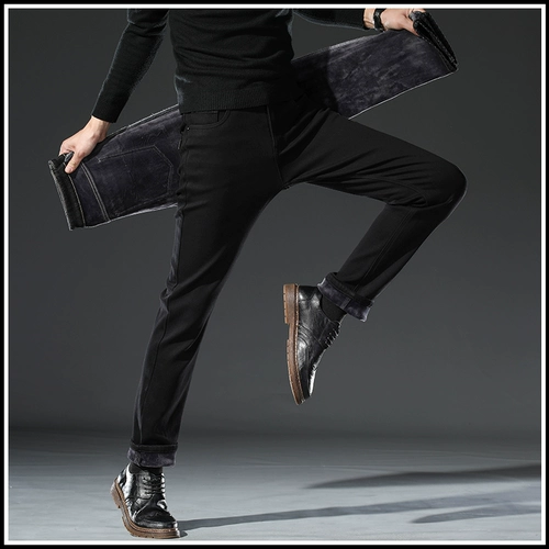 Флисовые демисезонные утепленные джинсы с начесом, зимние черные штаны для отдыха, свободный прямой крой, оверсайз