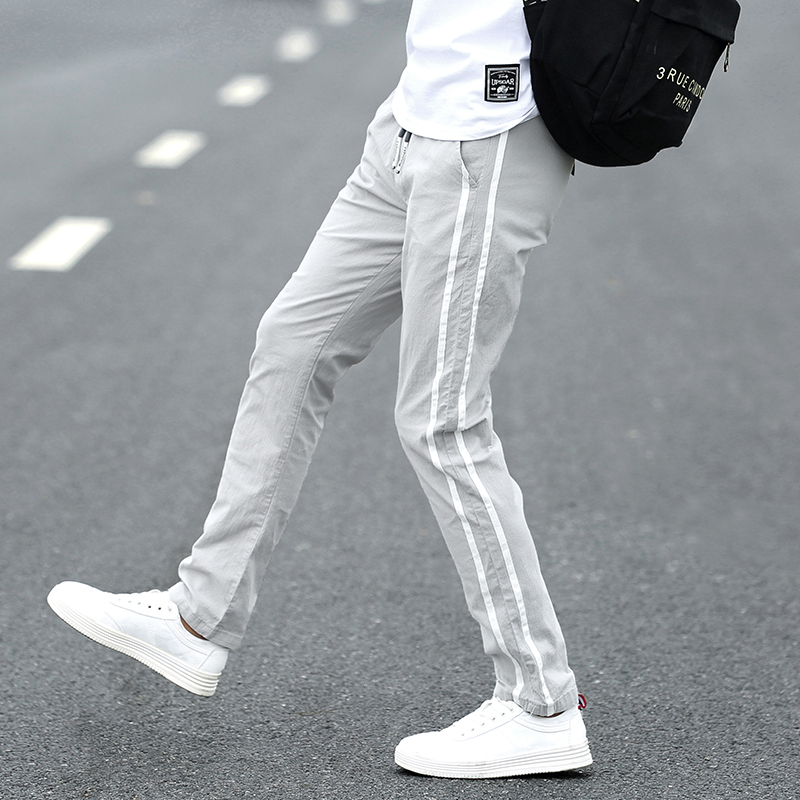 Men's casual long pants summer slim fit tightness waist straight cylinder loose Korean version trendy 100 lap ice wire pants male