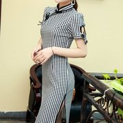 Cải thiện trẻ kẻ sọc sườn xám jumpsuit cổ điển Republic bông sinh viên gió thời trang và váy mùa hè hàng ngày gai văn học cô gái của