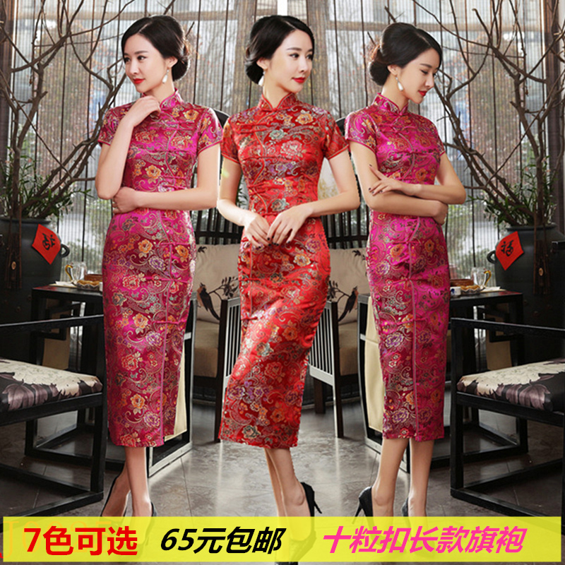 Ten buckles vintage cheongsam long version female sexy catwalk show costume slim summer short sleeve brocade