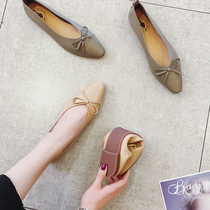 2022 spring and summer Han version genuine leather women shoes butterfly knot pointed ladyshoe shallow mouth single shoes one foot pedal flat bottom shoes grandma shoes