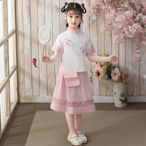 Hanfu girl Summer short sleeve Chinese style childrens Tang suit improved ancient costume Super fairy thin girl dress suit