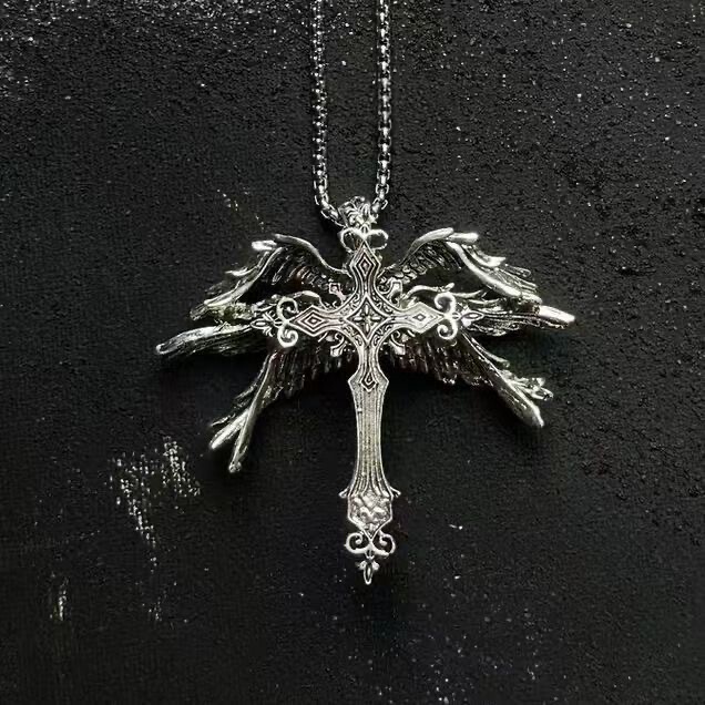Six-Winged Angel European and American Retro Cross Wing Necklace Pendant Hip-Hop Punk Personality Exaggerated Gift Sweater Chain Six-Winged Angel European and American Retro Cross Wing Necklace Pendant Hip-Hop Punk Personality Exaggerated Gift Sweater Chain