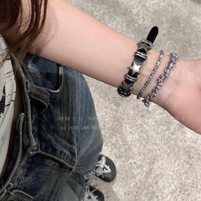 Handsome Dark Punk Star Y2K Five-Pointed Star Leather Bracelet ins Sweet and Cool European and American Hot Girl Stone Yabi Accessories