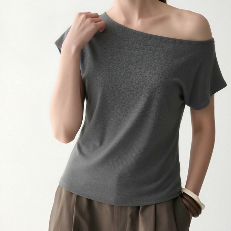 Basilbit Affordable Alternative to Big Brand Xf0203 Wool-Cotton Short Sleeve Summer Thin Elastic T-Shirt with Asymmetrical Shoulder
